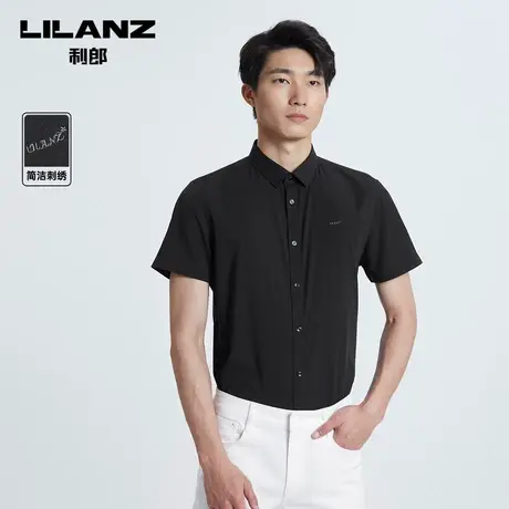 利郎短袖衬衫男士黑色肌理条纹夏季新款商务休闲衬衣商品大图