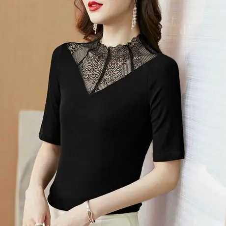 莫代尔半高领打底衫内搭五分袖薄款小衫洋气百搭拼接蕾丝镂空上衣商品大图