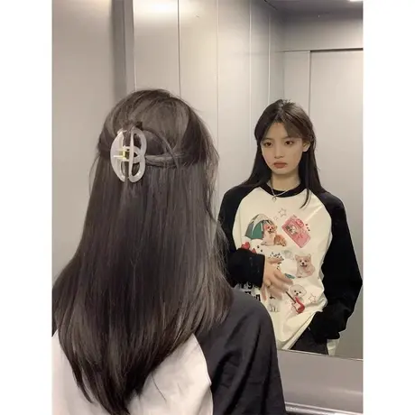 2023秋冬美式长袖打底衫女复古宽松新款拼色插肩袖t恤纯棉上衣服商品大图