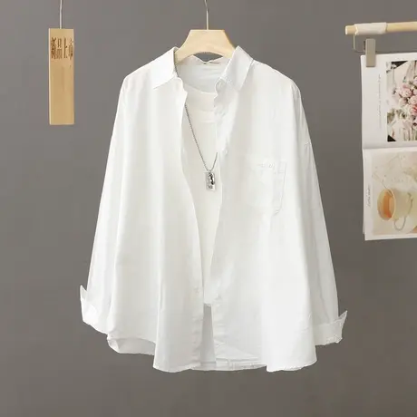 休闲纯棉白色衬衫女中长款2023新款秋季简约衬衣百搭上衣薄款外套图片