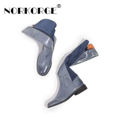 2023新款冬复古蓝色长筒靴靴女真皮粗跟平底瘦瘦靴高筒靴瘦腿弹力商品大图