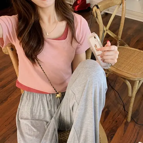 粉色短袖t恤女高腰短款假两件设计感小众紧身上衣夏季辣妹穿搭商品大图