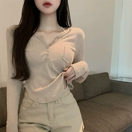 2023年早秋新款露锁骨打底衫女装修身长袖T恤设计感小众辣妹上衣图片
