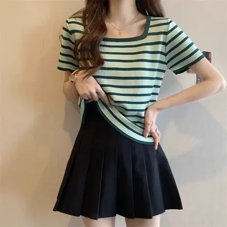 法式条纹方领正肩短袖t恤女夏季2023新款小个子宽松显瘦短款上衣图片