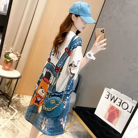 网红ins超火短袖t恤女夏装韩版宽松中长款假两件百搭可爱上衣服潮商品大图