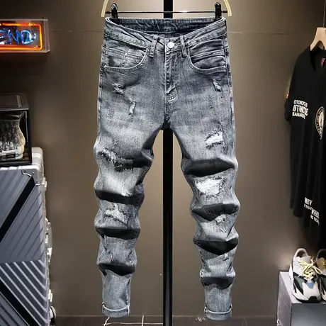 牛仔裤男士潮牌修身韩版潮流夏季薄款深色破洞小脚长裤子男百搭款商品大图