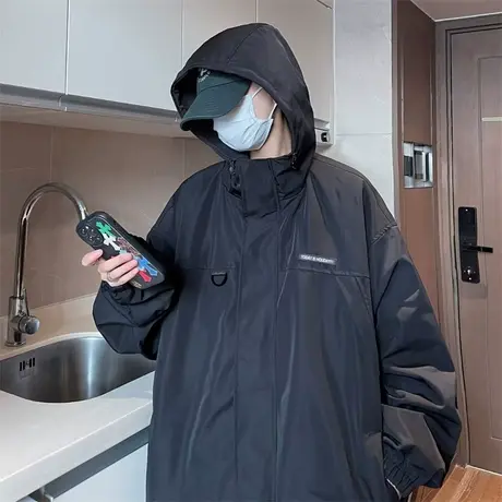 桑延同款冲锋衣户外男生黑武士机能工装春秋山系黑色夹克连帽外套商品大图