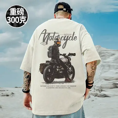机车潮牌宽松T恤胖子短袖男加肥加大五分袖纯棉大码男装夏季潮流商品大图