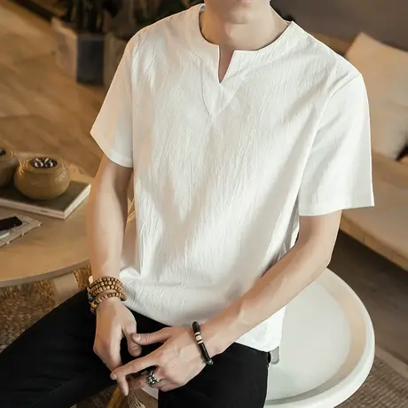 中国风T恤男中式短袖唐装男宽松半袖男装夏季薄款茶服白色打底衫图片