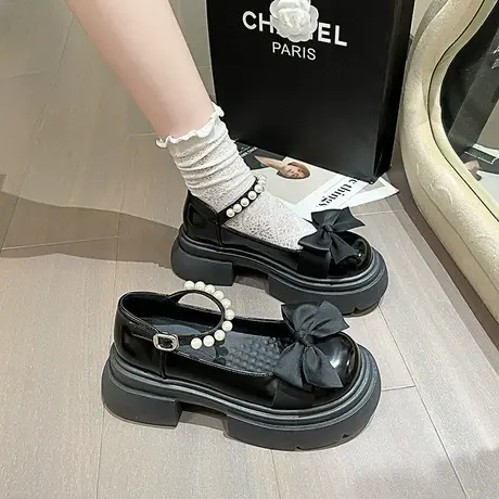 玛丽珍鞋女夏季2023新款粗跟防滑蝴蝶结单鞋珍珠配裙子洋气小皮鞋商品大图