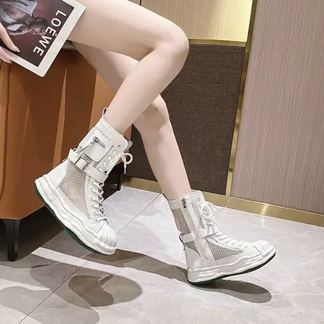 高帮短靴女厚底马丁靴2023新款春夏薄款平底网纱凉靴百搭透气靴子图片