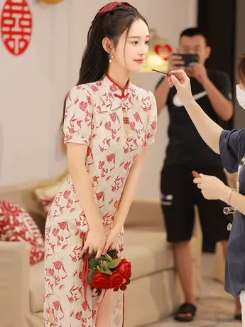 旗袍敬酒服新娘秋季小个子酒红色订婚礼服中式回门便装改良结婚女商品大图