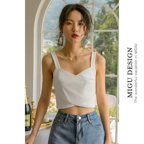 弥古白色冰丝针织吊带背心女内搭抹胸交叉v领打底上衣夏外穿度假图片