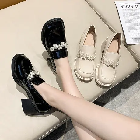 粗跟单鞋女2024夏季新款珍珠日系乐福鞋设计感小众复古圆头小皮鞋商品大图