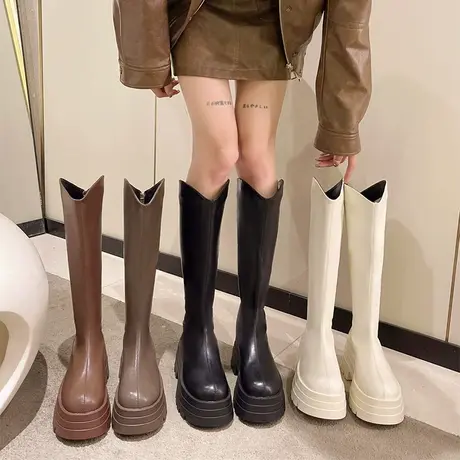 复古小个子厚底增高长筒马丁靴女2024新款秋冬胖mm圆头显瘦骑士靴图片