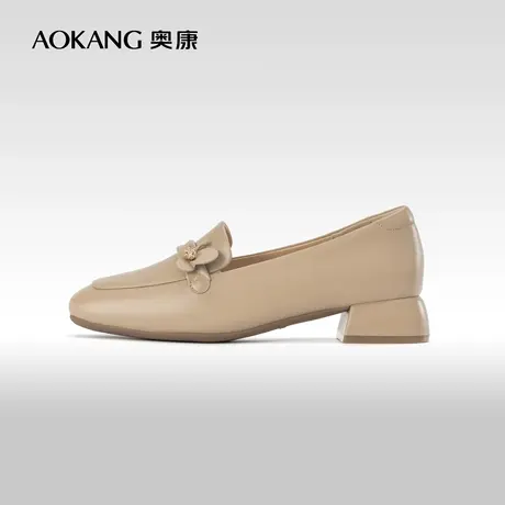 奥康女鞋 春秋季真皮甜美优雅方头粗跟套脚乐福鞋浅口单鞋图片
