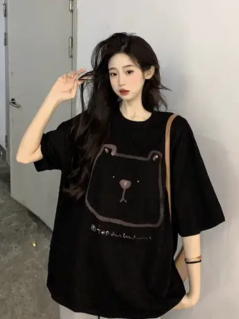 大码微胖MM短袖印花T恤女夏季新款宽松慵懒风正肩显瘦上衣2-300斤商品大图