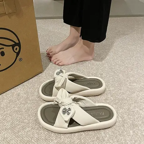 网红蝴蝶结水钻拖鞋女2024新款超火防滑增高平底软底高级感凉拖女商品大图