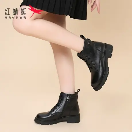 红蜻蜓冬季靴子马丁靴女2023新款真皮加绒保暖头层牛皮短靴英伦风商品大图