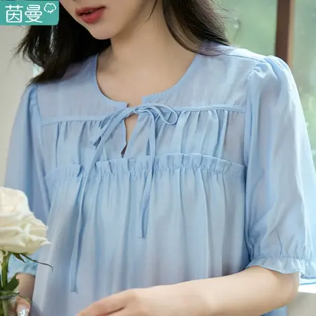 茵曼法式短袖衬衣半袖女款2023新款雪纺夏季宽松减龄娃娃衫上衣商品大图