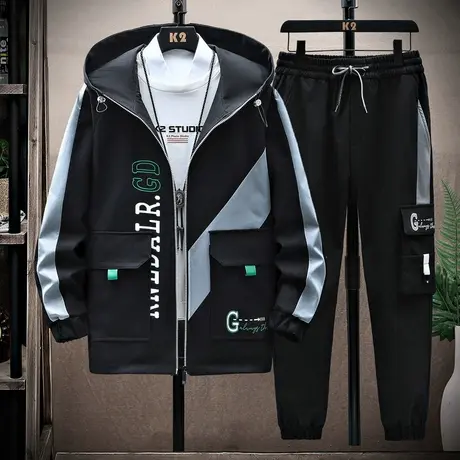 裤子男春秋季休闲运动套装潮流宽松百搭潮牌束脚工装九分裤男长裤商品大图