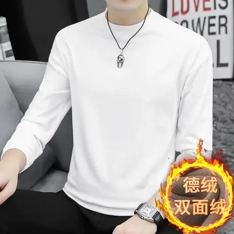 德绒卫衣男纯色白色宽松潮流百搭双面绒秋冬保暖套头无帽圆领长袖商品大图