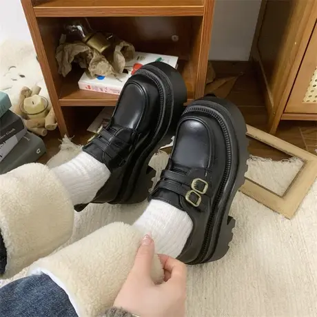 厚底乐福鞋女2024年新款复古英伦风粗跟单鞋小个子增高防滑小皮鞋商品大图