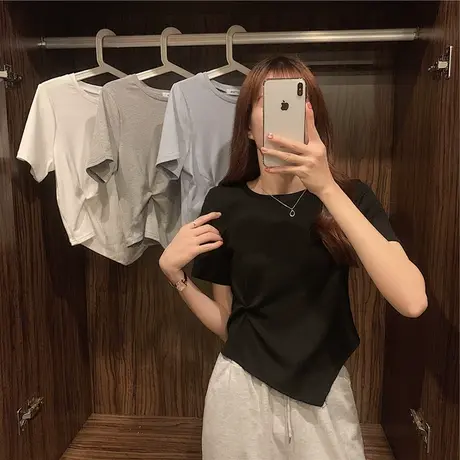 夏季纯欲风小众设计感辣妹体恤上衣服韩系正肩短款短袖t恤女ins潮商品大图