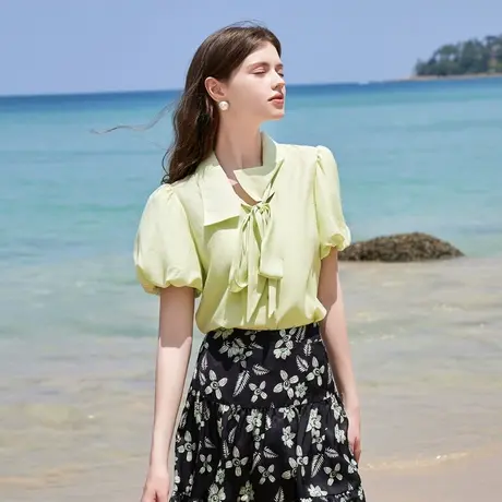 秋水伊人飘带领复古泡泡袖衬衫2024年夏季新款女装气质甜美上衣图片