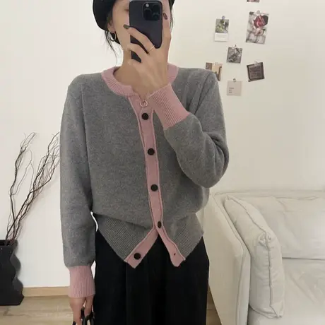 25232-浣熊绒拼色长袖针织衫开衫外套女上衣简约V领秋冬单穿时尚商品大图