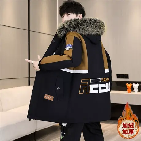 男士羽绒服中长款2025新款青少年潮牌派克服加绒加厚棉衣冬季外套商品大图