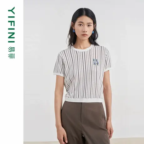 [专柜同款]Yifini/易菲竖条纹字母印花短款高捻棉针织衫D04M1019商品大图