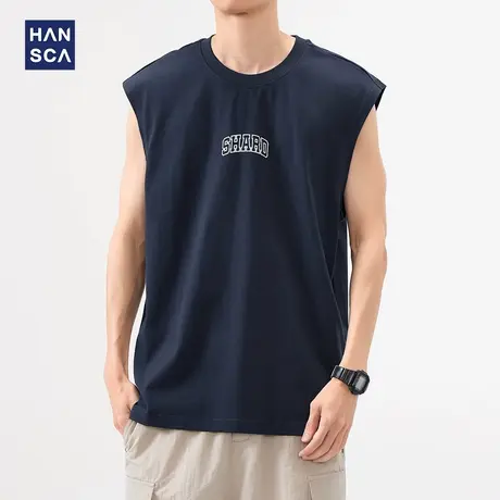 hansca美式纯棉背心男2025夏季潮牌圆领宽松运动坎肩凉感短袖上衣商品大图