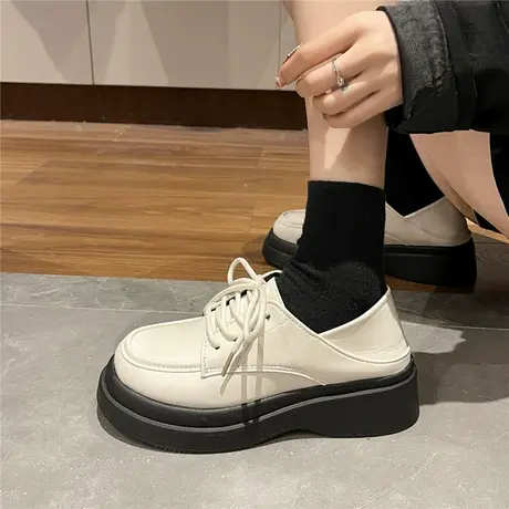 黑色鞋子女春酷英伦风小皮鞋春秋增高厚底系带两穿一脚蹬jk乐福鞋商品大图