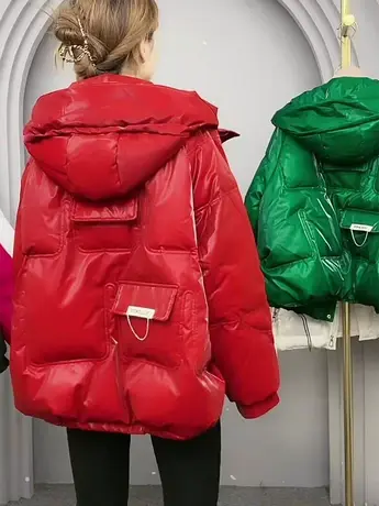 免洗亮面羽绒棉服女2023冬季保暖小个子新款加厚纯色显瘦连帽外套商品大图