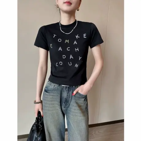 黑色圆领字母印花短袖t恤女夏季2025新款韩系百搭时尚气质上衣潮商品大图