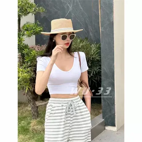 夏季韩版垫肩v领短袖t恤女短款修身显瘦露脐性感锁骨前后两穿上衣商品大图