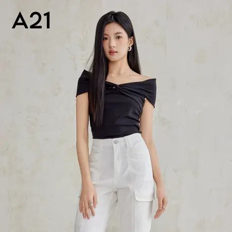 A21女装针织修身一字领套头中短袖T恤2025新款露肩扭结褶皱上衣商品大图