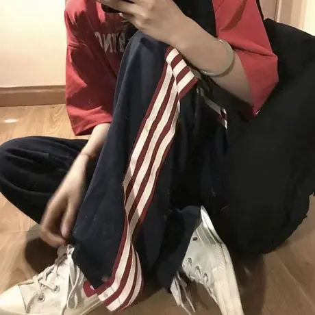 侧边条纹阔腿休闲裤女初秋百搭宽松显瘦韩版高腰运动拖地长裤潮图片