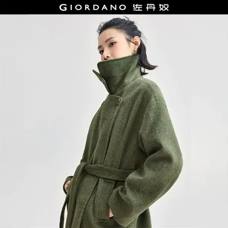 佐丹奴外套女装翻领暗门襟绑带中长款针织毛呢外套 18374812商品大图