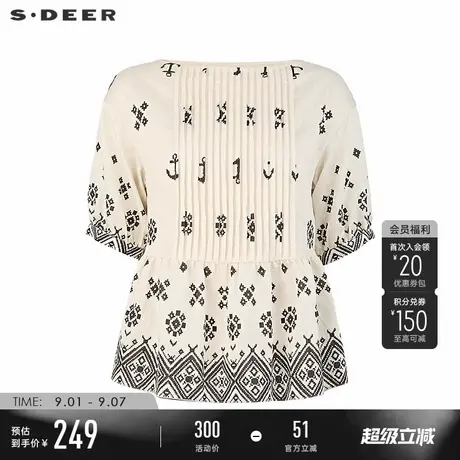 sdeer圣迪奥女装25年新品复古圆领印花风琴褶中袖上衣S252Z3238图片