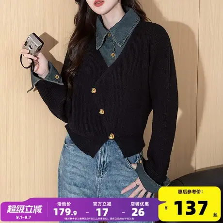 唐狮2025秋冬新款女毛衣休闲风设计牛仔拼接开衫短款针织衫女图片