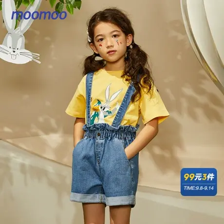 moomoo童装女童背带短裤夏新款女孩儿休闲高腰木耳边全棉牛仔短裤商品大图