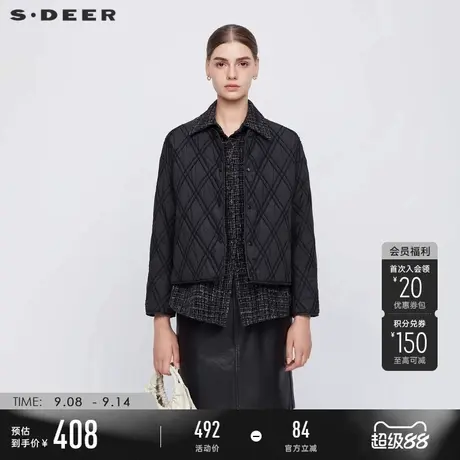 sdeer圣迪奥冬季女装复古翻领格纹假两件宽松棉服S24462301图片