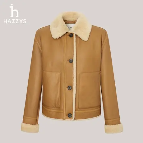 【商场同款】Hazzys哈吉斯短款皮毛一体外套女士冬季新款棕色皮衣商品大图