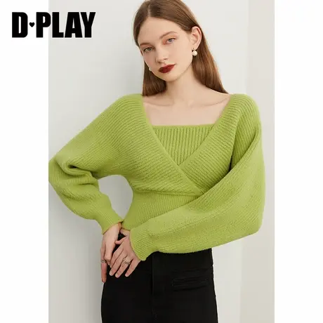 DPLAY春软糯仿貂毛青柠绿假两件式多种穿搭蝙蝠袖针织衫商品大图