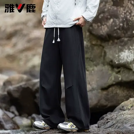 雅鹿2026春季新款宽松弯刀阔腿裤男青年松紧腰抽绳美式户外休闲裤商品大图