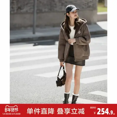 唐狮2026秋冬加厚外套女连帽仿麂皮绒短款保暖仿羊羔绒美式慵懒图片