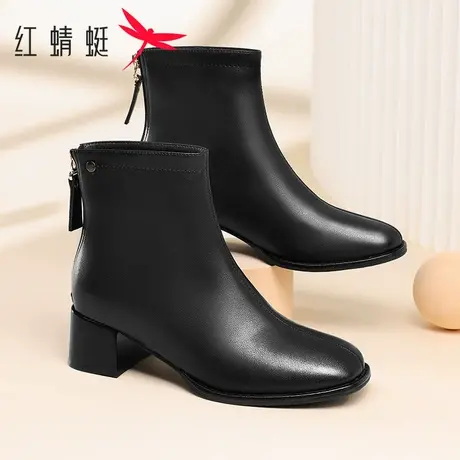 红蜻蜓女鞋2025秋冬季休闲舒适百搭女皮靴加绒保暖轻便真皮女短靴图片