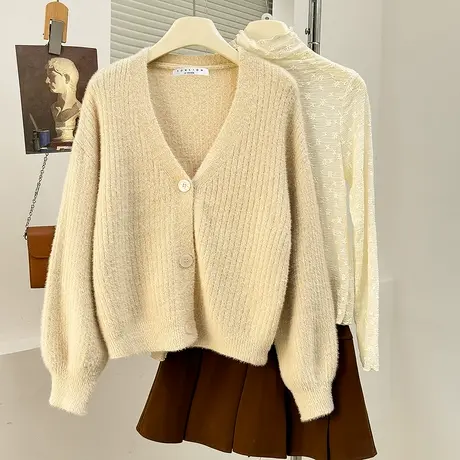 唐狮秋冬毛绒绒纱线简约开衫女针织外套春秋高红色费尔岛外套TD图片